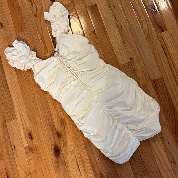 NEW ZARA WOMENS MINI DRESS RUCHED FRONT LACE UP GRADUATION WHITE OYSTER - Picture 4 of 10